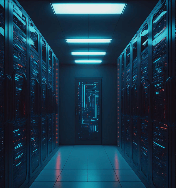 a server farm, to represent the contrast between today's AI and the efficiency of our massively parallel processing computer chip, hercules er