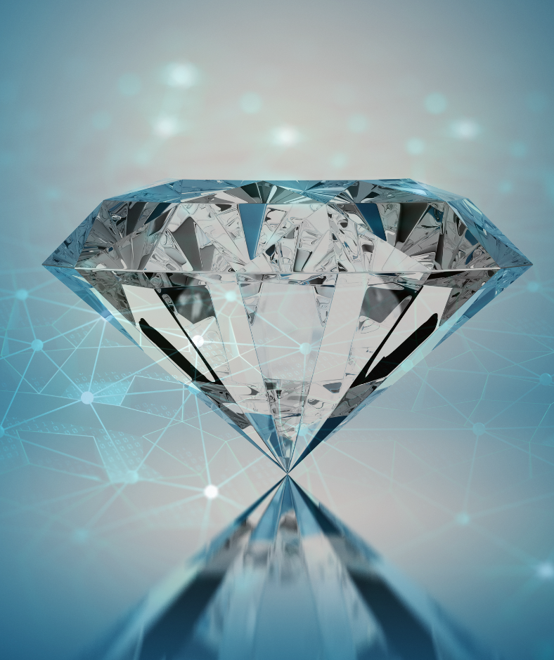 a diamond with an overlay of light nodes and lines to represent the clarity and transparency of our diamond ai artificial intelligence solution