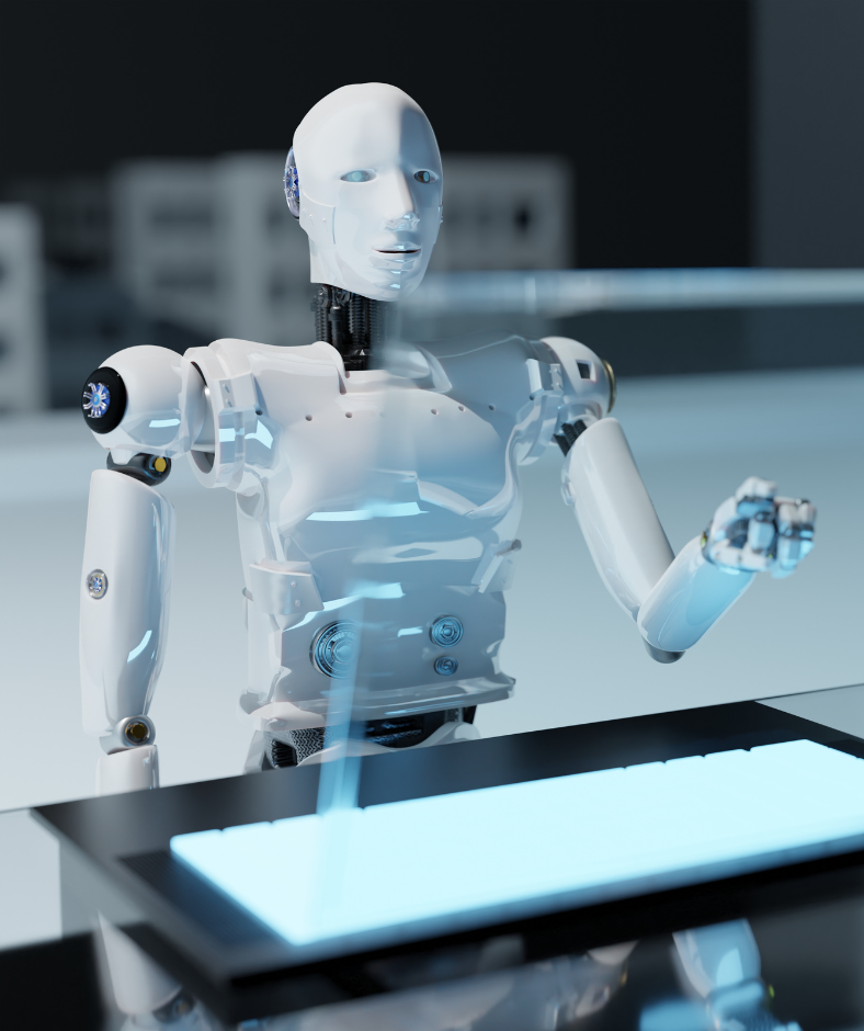 humanoid robot sitting at a futuristic clear computer screen learning about artificial intelligence 101
