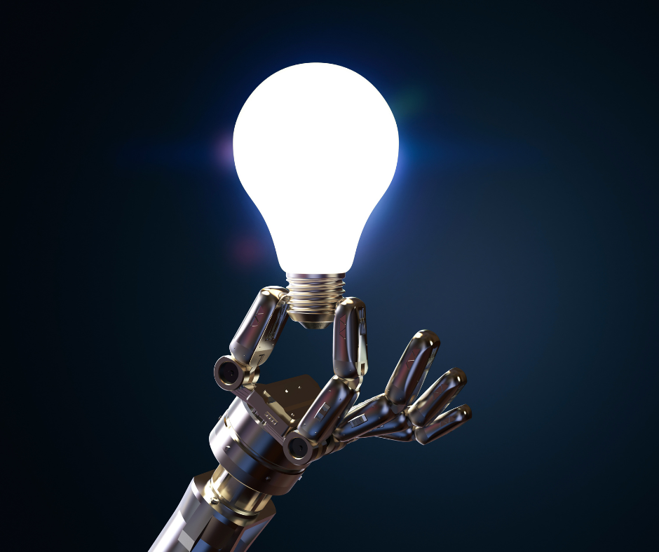 a robot hand holding a lit up lightbulb to represent the brilliance of artificial intelligence
