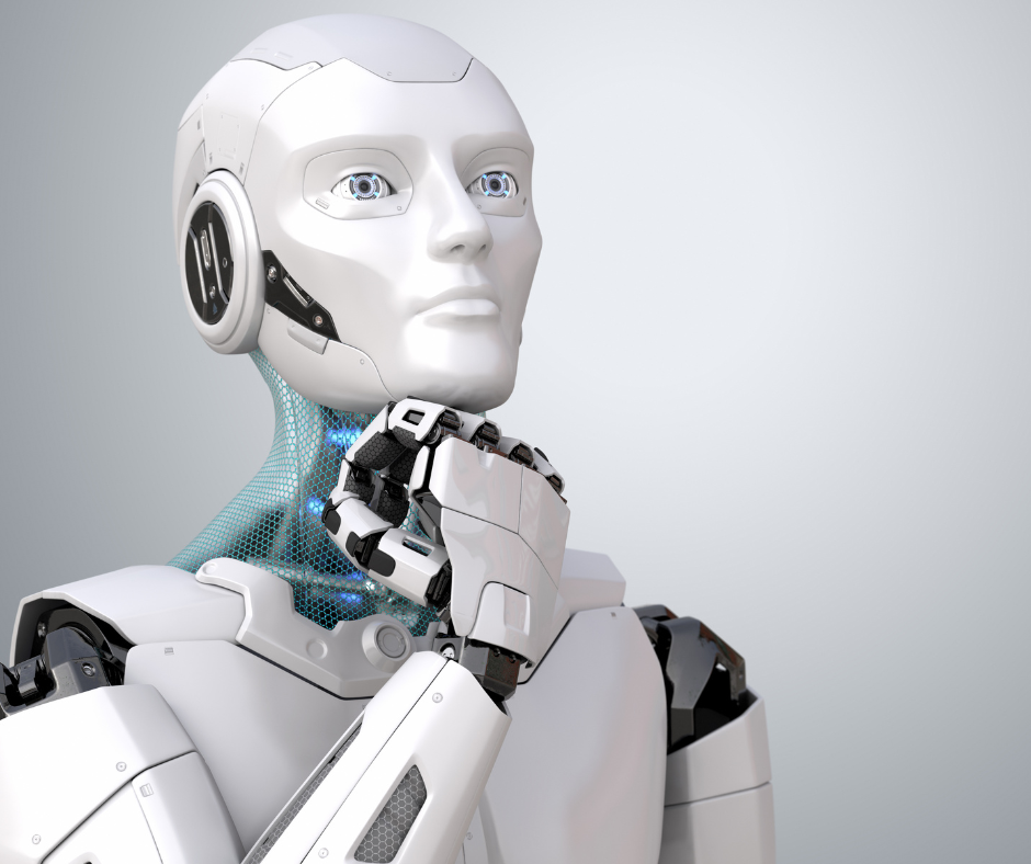 A humanoid robot with its hand under his chin, representing artificial intelligence that thinks and reasons as a sentient being.
