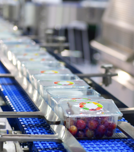 a conveyer belt filled with containers of cherry tomatoes that uses our solution, diamond ai for manufacturing