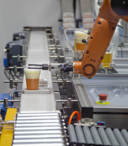 a manufacturing robot that uses our diamond ai for robotics, moving a foamy glass of beer with its robotic arm