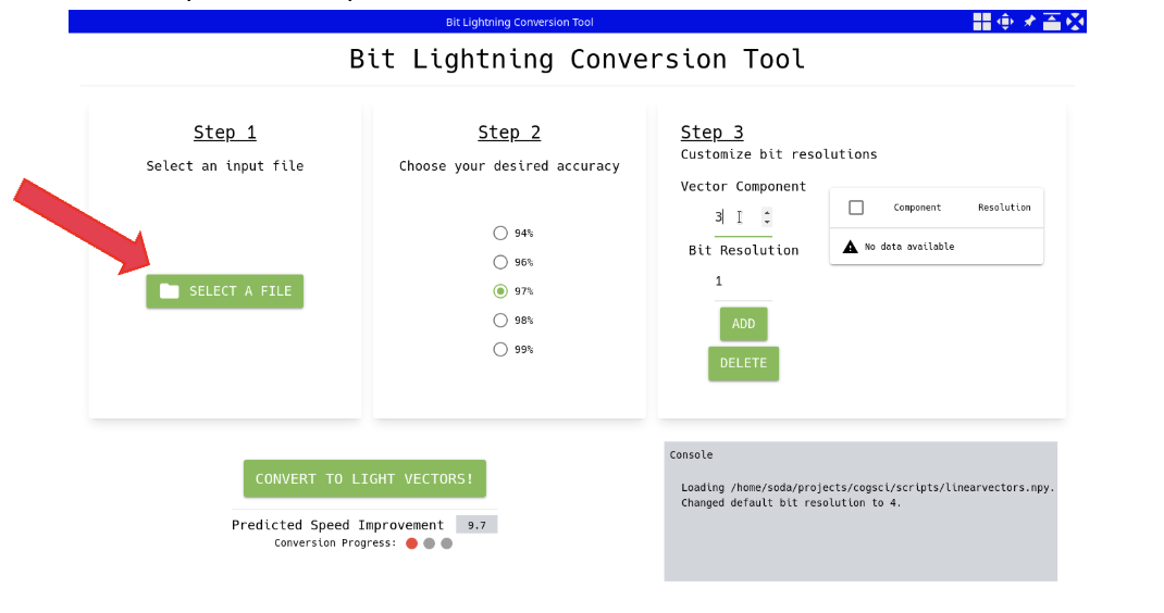 Screenshot showing the bit lightning interface at step 1