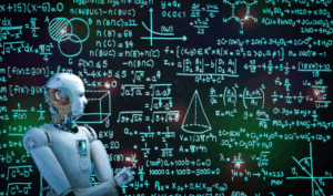 robot in front of a blackboard with complex equations