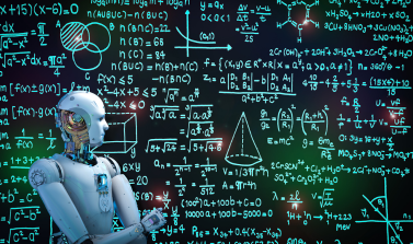 robot in front of a blackboard with complex equations